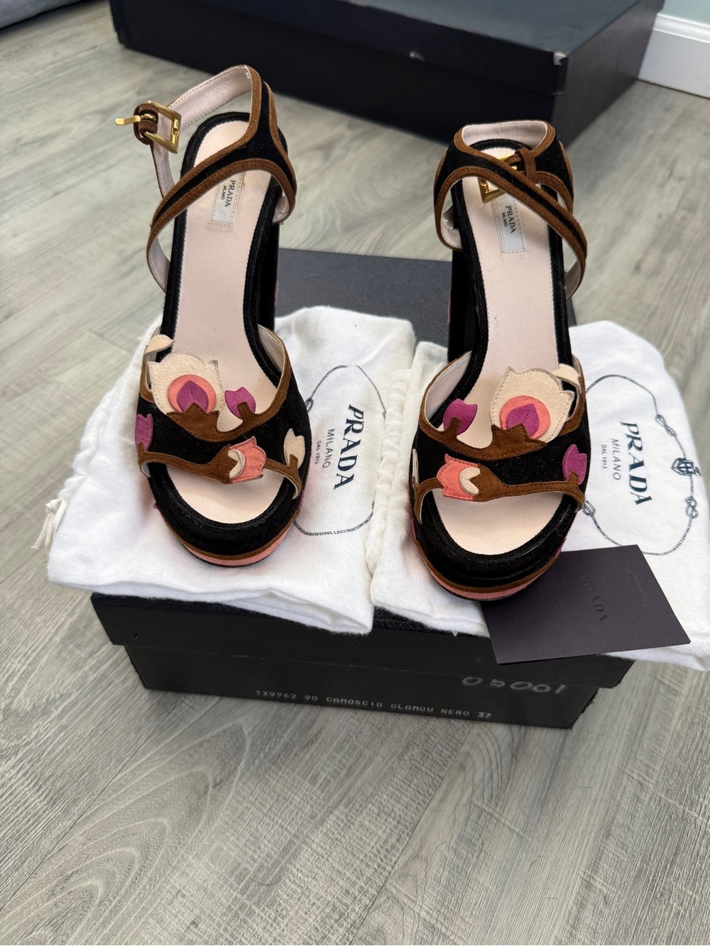 Prada Black Suede Floral Platform Sandals Size 37 / US 7
